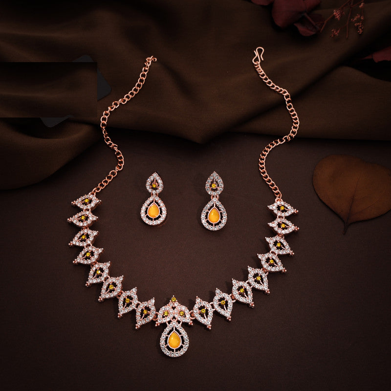 Tehzeeb Creations Yellow Colour Ad Studded Necklace Jewellery Set With Matching Earrings For Women And Girls | Grocsy