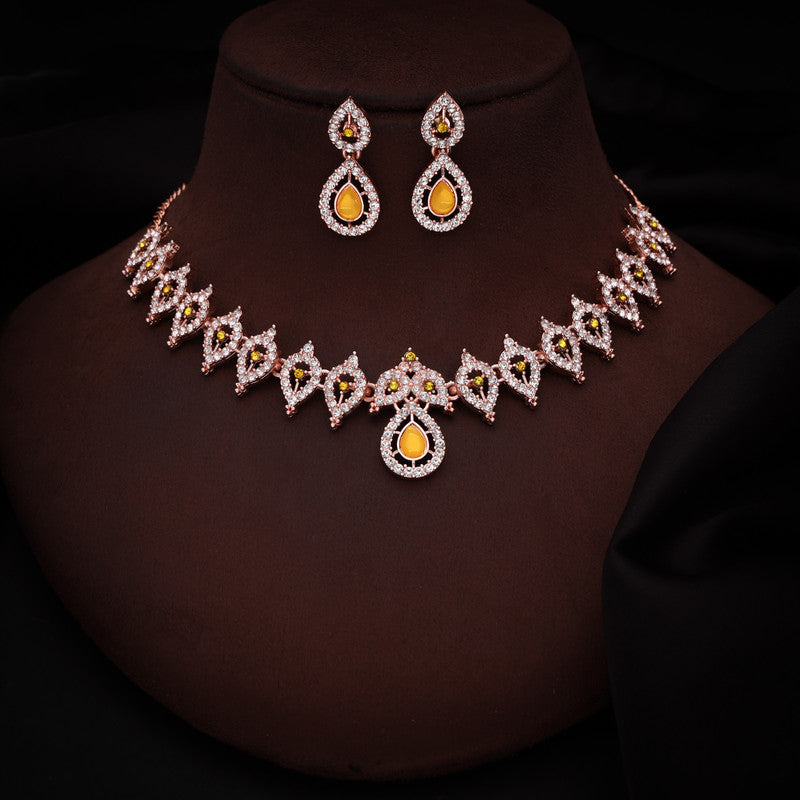 Tehzeeb Creations Yellow Colour Ad Studded Necklace Jewellery Set With Matching Earrings For Women And Girls | Grocsy