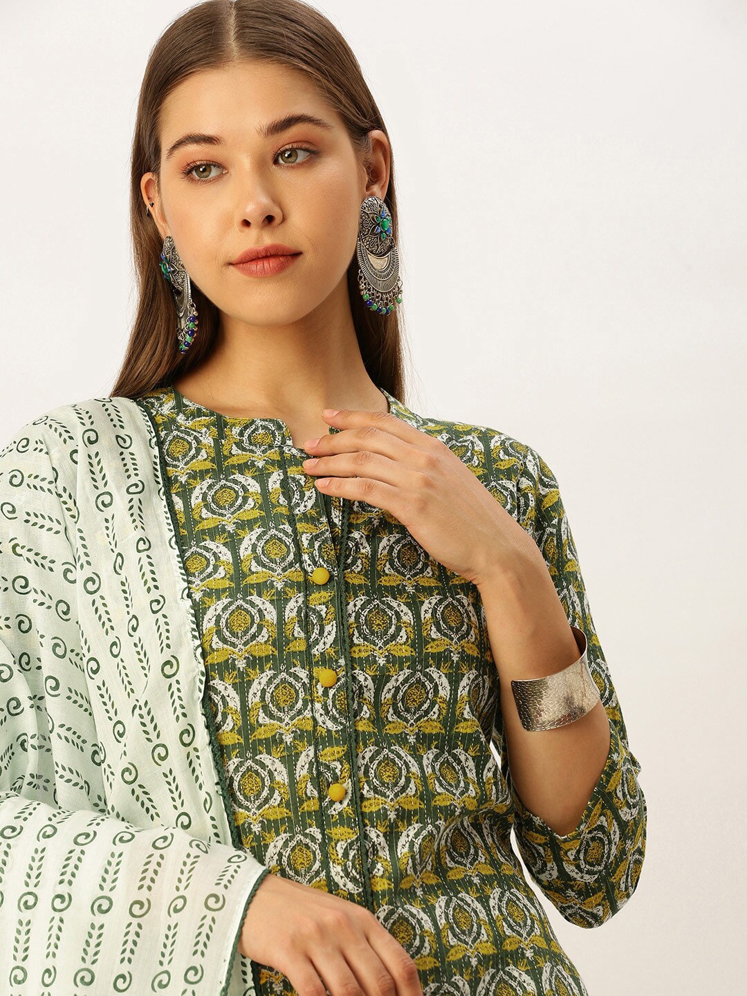 HERE&NOW Women Ethnic Motifs Printed Empire Pure Cotton Kurta with Palazzos & With Dupatta | Grocsy