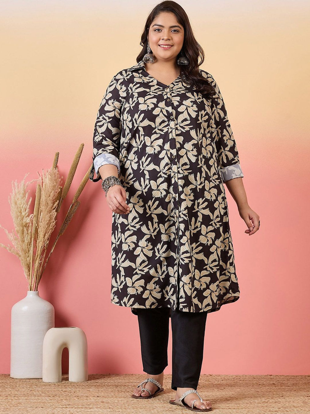 Sztori Plus Size Floral Printed Shirt Collar Roll-Up Sleeves Crepe Pathani Kurta | Grocsy