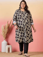 Sztori Plus Size Floral Printed Shirt Collar Roll-Up Sleeves Crepe Pathani Kurta | Grocsy