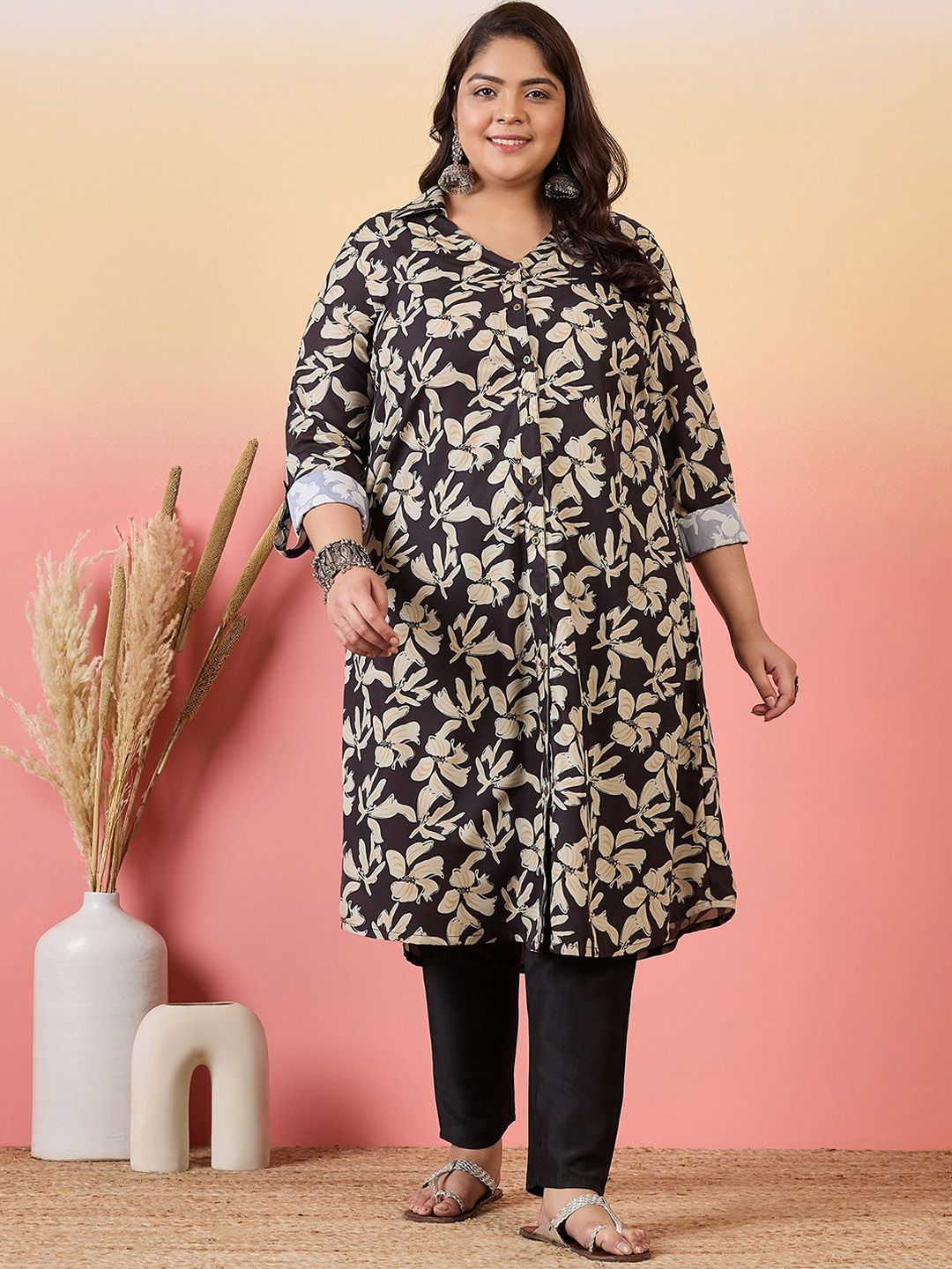Sztori Plus Size Floral Printed Shirt Collar Roll-Up Sleeves Crepe Pathani Kurta | Grocsy
