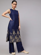 Aks Paisley Embroidered Band Collar Kurta with Palazzos | Grocsy