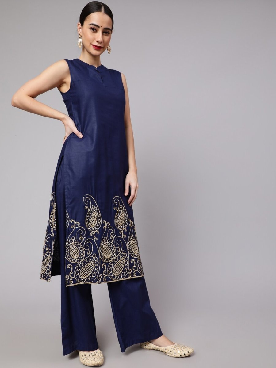 Aks Paisley Embroidered Band Collar Kurta with Palazzos | Grocsy