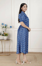 Miravan Womens Floral Print Blue Collar-Neck Puff Sleeves A-Line Maxi Dress | Grocsy