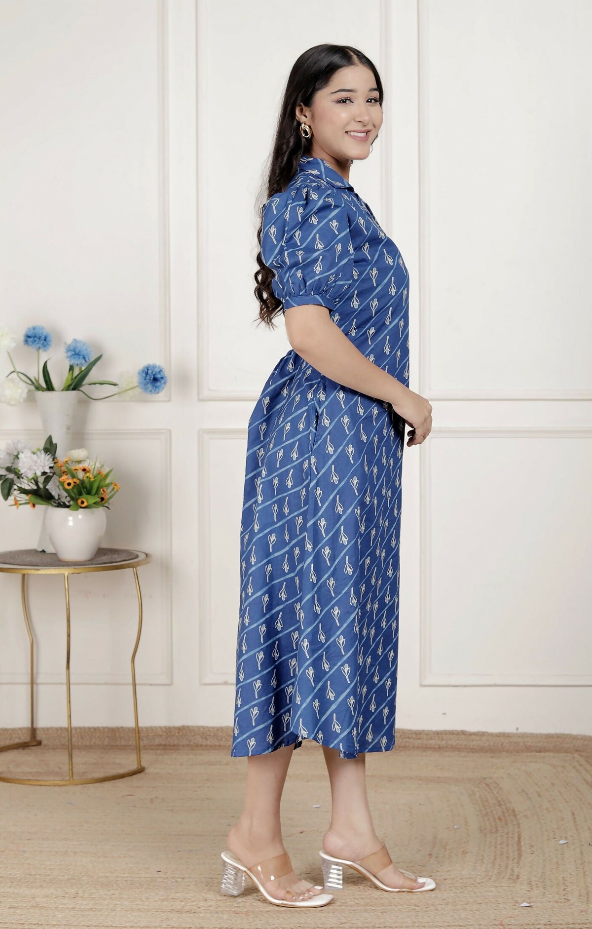 Miravan Womens Floral Print Blue Collar-Neck Puff Sleeves A-Line Maxi Dress | Grocsy
