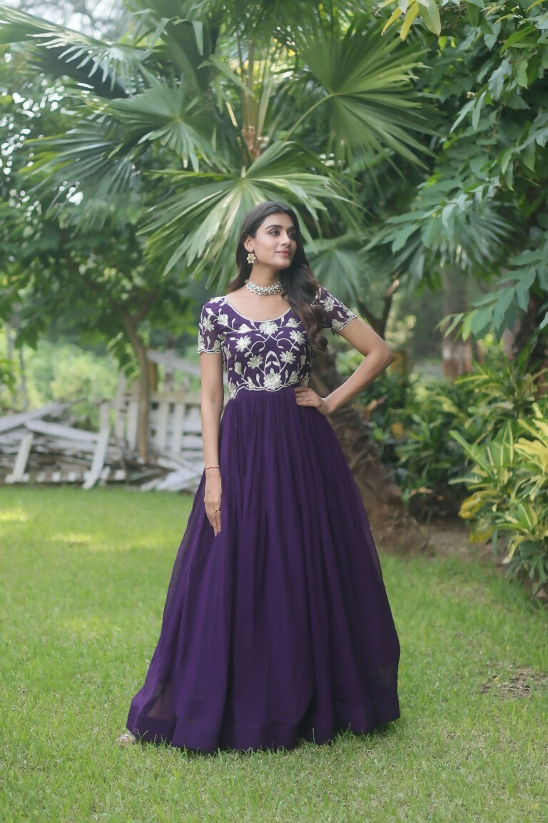 Jyoti Fashion Women's Purple Sequins Embroidered Faux Georgette Anarkali Dress | Grocsy