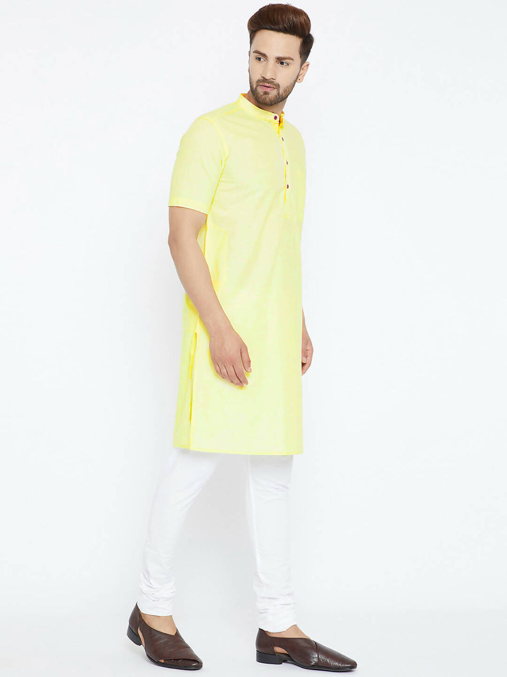 Even Apparels Yellow Color Pure Cotton Men's Kurta With Band Collar | Grocsy