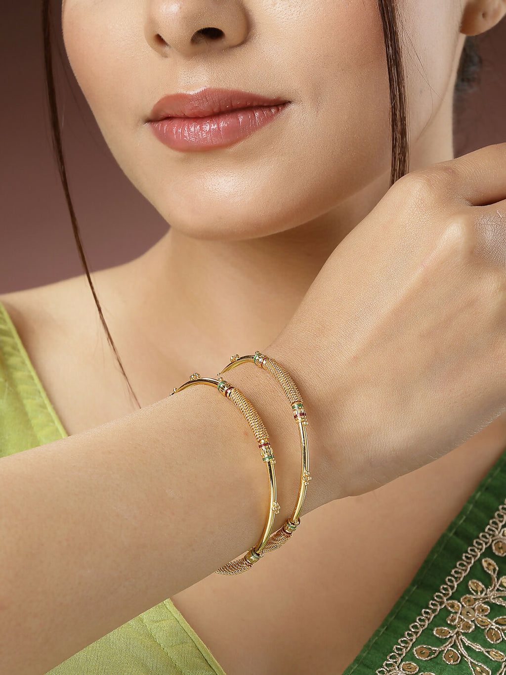 NVR Women's Set of 2 Gold-Polished Handcrafted Traditional Bangles
