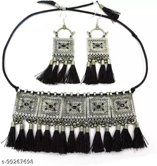 Tehzeeb Creations Women's Silver Colour Oxidised Necklace And Earrings With Black Yarn Design | Grocsy
