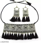 Tehzeeb Creations Women's Silver Colour Oxidised Necklace And Earrings With Black Yarn Design | Grocsy