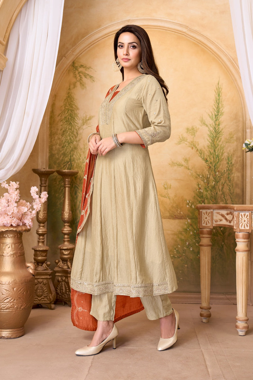 Anaita Cream Rust Anarkali Readymade Suit with Embroidery Work | Grocsy