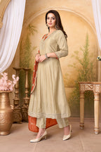 Anaita Cream Rust Anarkali Readymade Suit with Embroidery Work | Grocsy