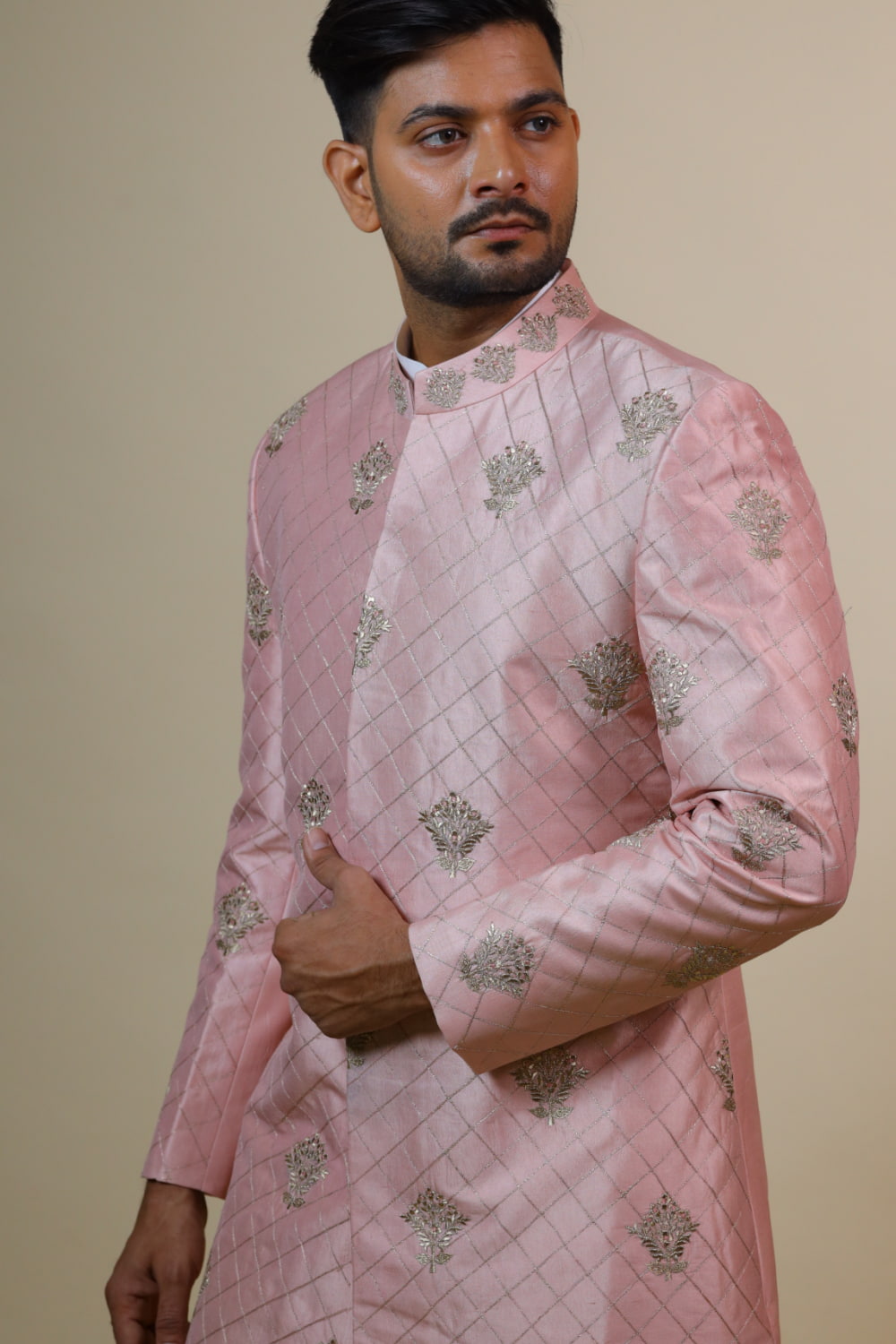 Light Coral Embroidered Designer Men's Sherwani by Hilo Design | Grocsy