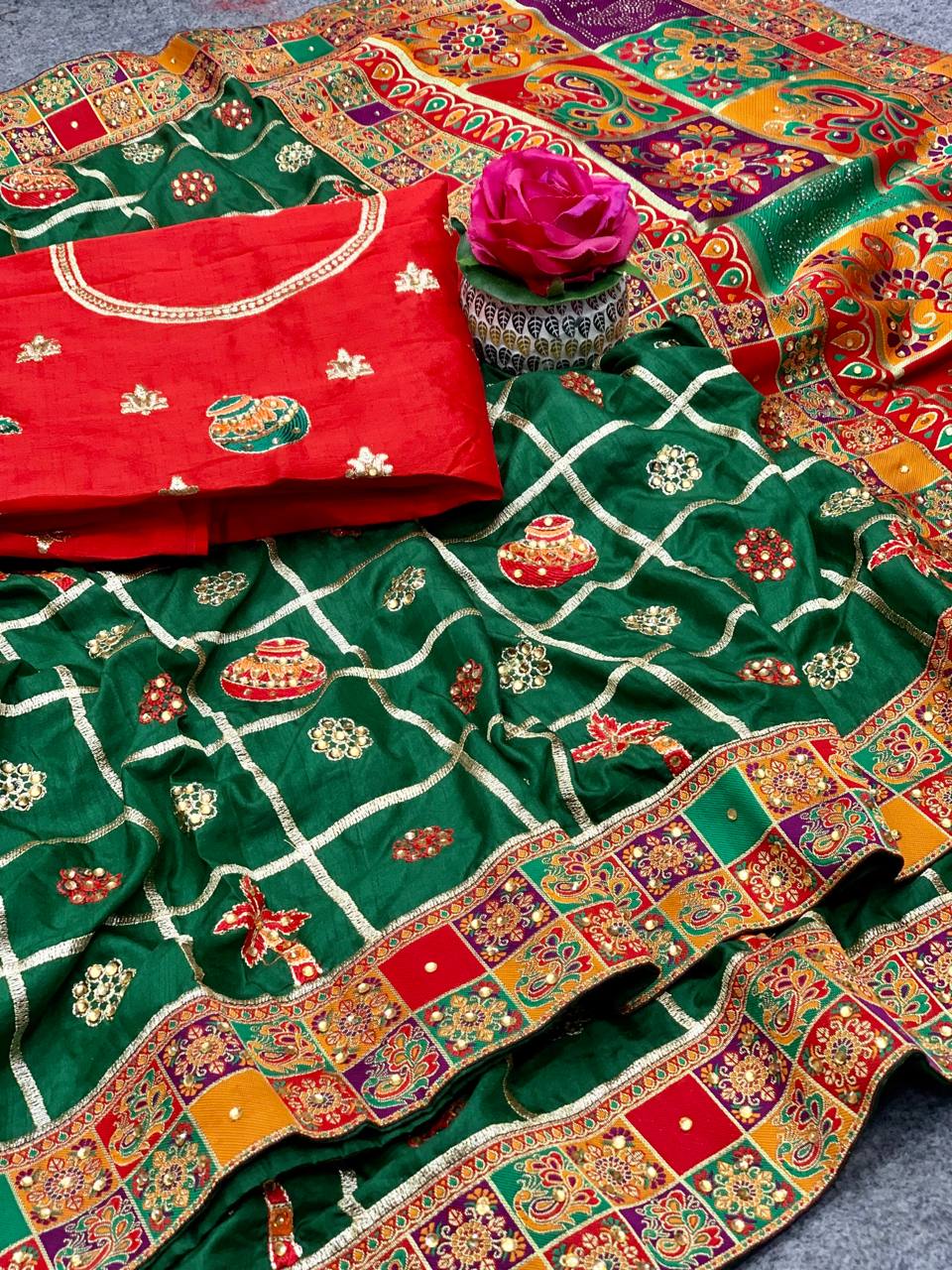 Lorenvalley Fashion Premium Green Dola Silk Embroidery and Diamond work with Jacquard Lace Border Saree | Grocsy