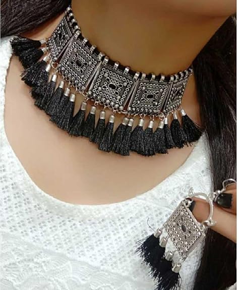 Tehzeeb Creations Women's Silver Colour Oxidised Necklace And Earrings With Black Yarn Design | Grocsy