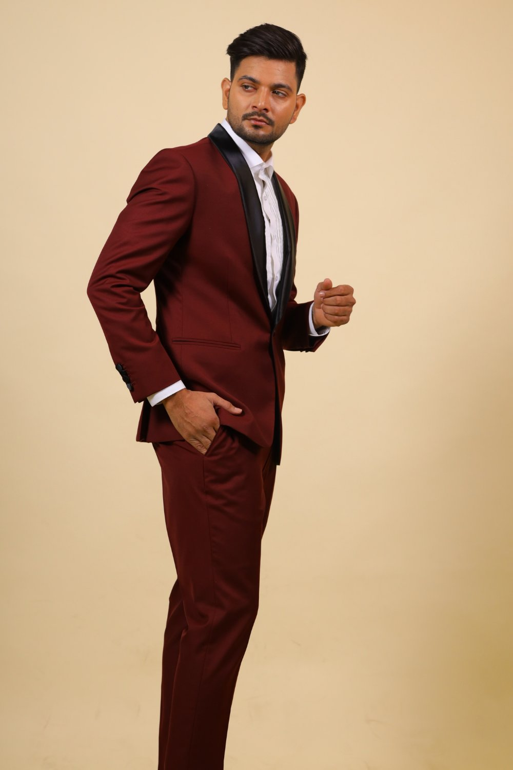 Burgundy Designer Tuxedo With Black Satin Lapels by Hilo Design | Grocsy