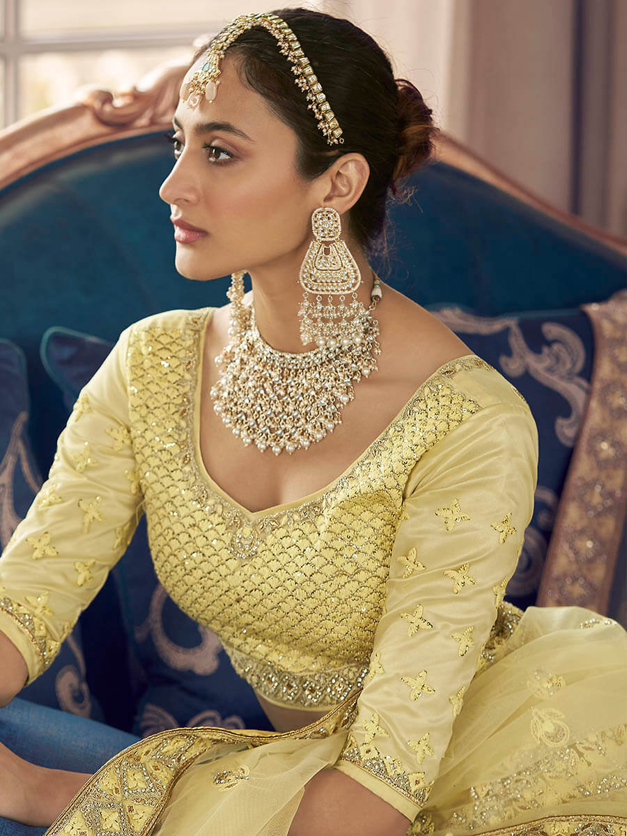 Myra Lime Yellow Crepe Embroidered Lehenga | Grocsy