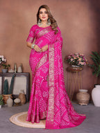 Anaita Pink Handmade Bandhej Viscose Silk Saree With Blouse | Grocsy