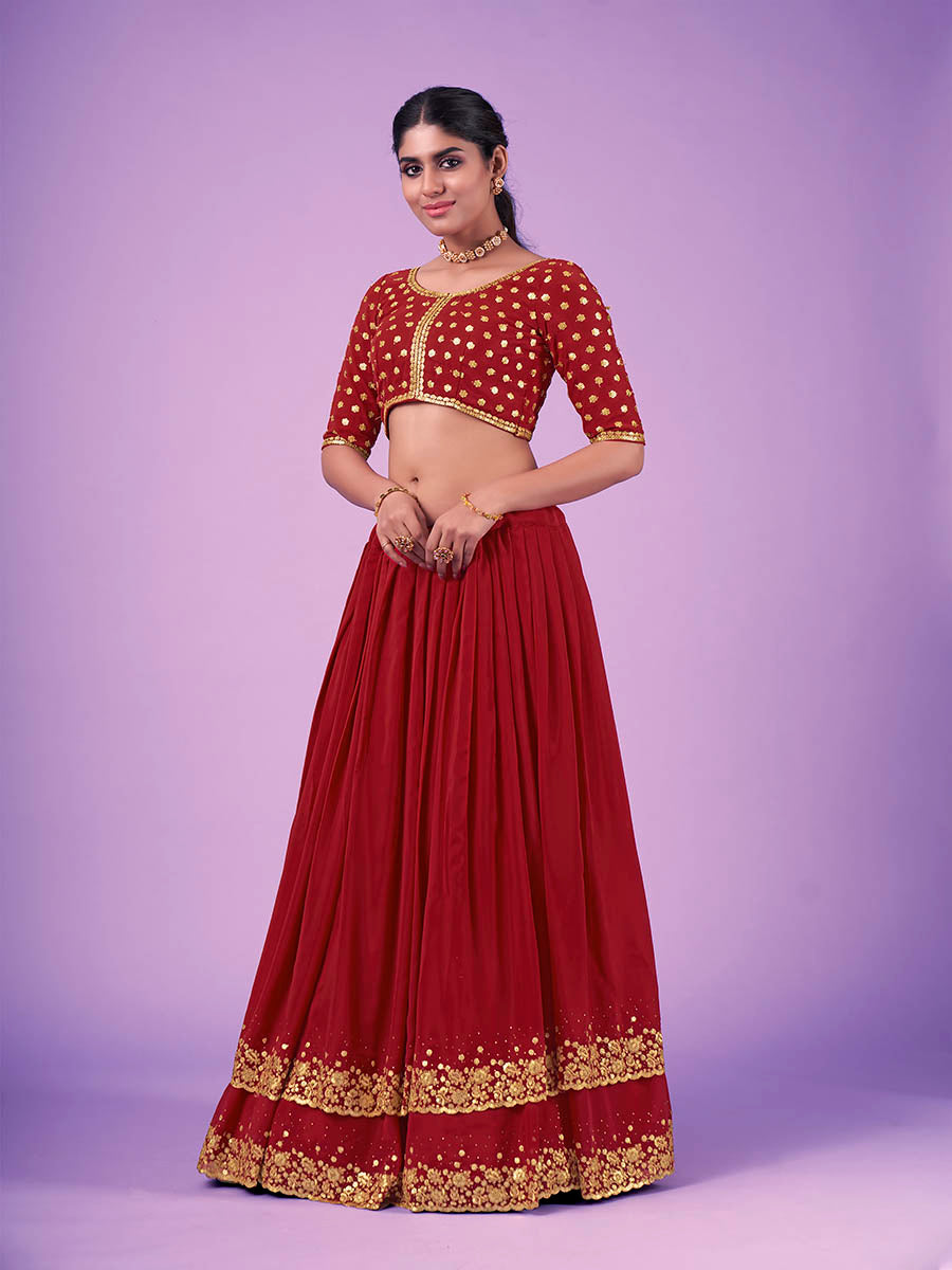 Myra Red Georgette Embroidered Designer Lehenga | Grocsy