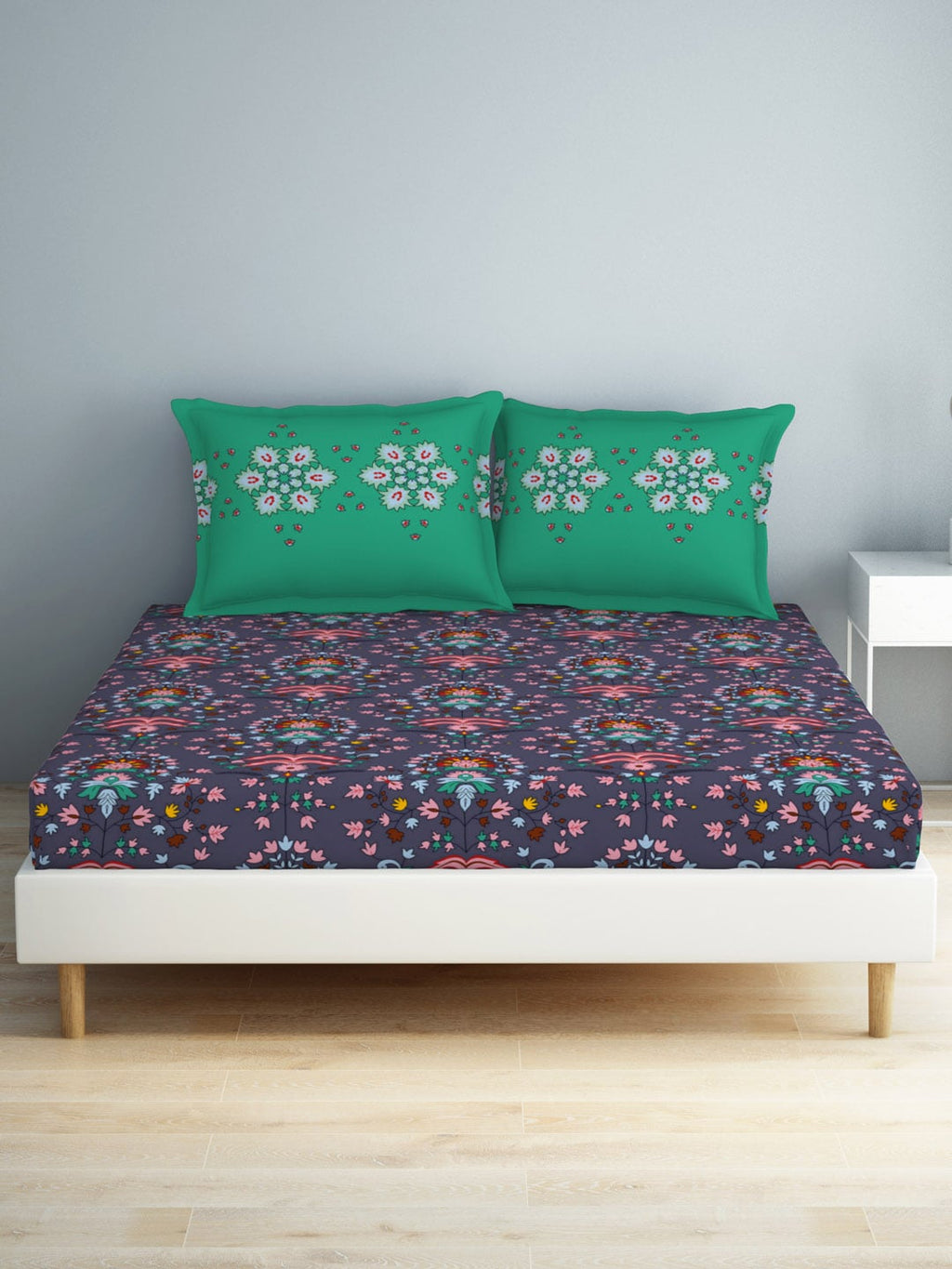 SPACES Aurum Blue Ethnic Motifs Pure Cotton140 TC Queen Bedsheet with 2 Pillow Covers | Grocsy