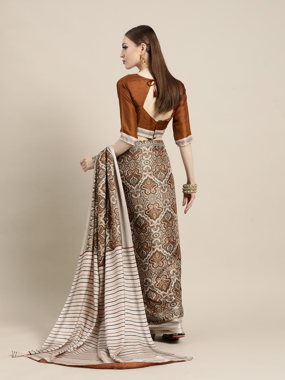 Saree Mall Cream-Coloured & Brown Paisley Printed Pashmina Silk Bagru Saree | Grocsy