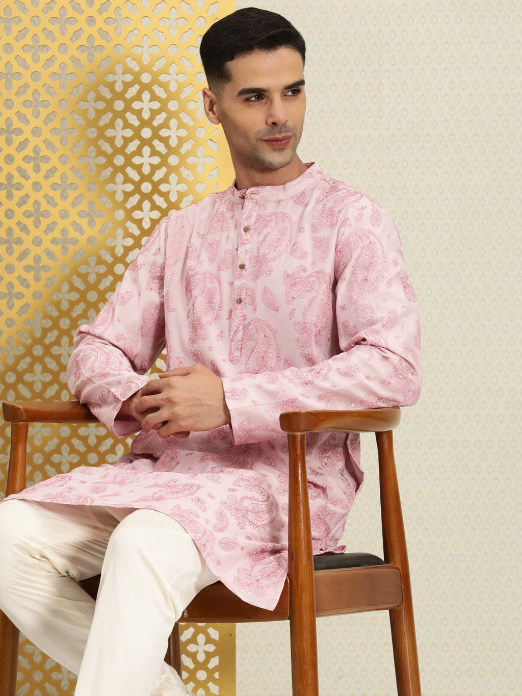 House of Pataudi Men Paisley Embroidered Sequinned Thread Work Jashn Kurta with Churidar | Grocsy