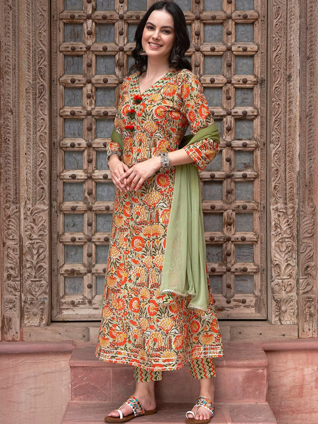 Sangria Orange Printed Gotta Patti Detail Pure Cotton A-Line Kurta With Trousers & Dupatta | Grocsy