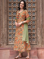 Sangria Orange Printed Gotta Patti Detail Pure Cotton A-Line Kurta With Trousers & Dupatta | Grocsy