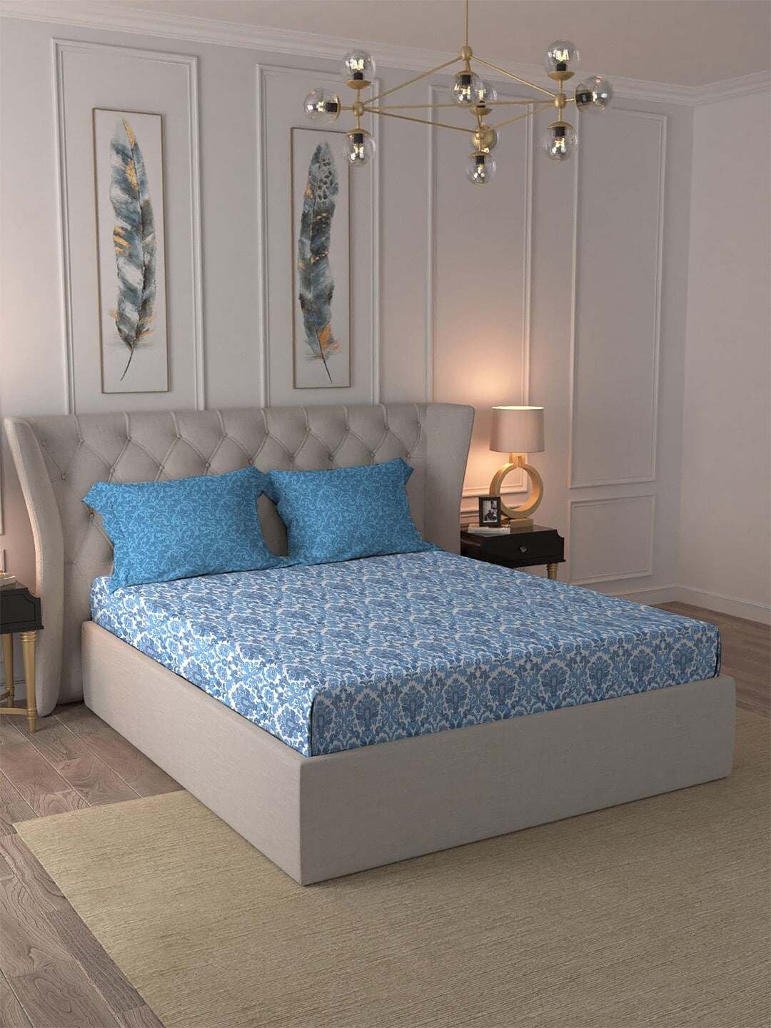 MYTRIDENT Blue White Ethnic Motifs Pure Cotton 120 TC Queen Bedsheet With 2 Pillow Covers | Grocsy