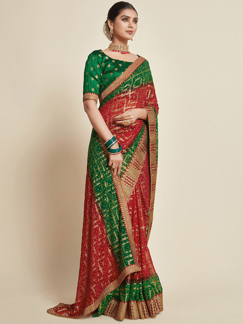 Sangria Red & Green Woven Design Zari Poly Georgette Bandhani Saree | Grocsy