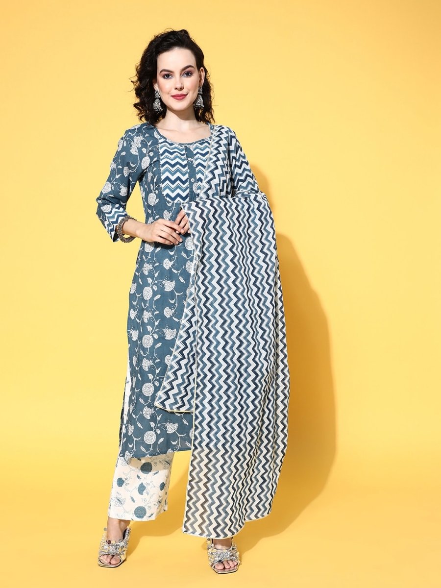 All About You Blue Floral Printed Gotta Patti Pure Cotton Kurta With Trousers & Dupatta | Grocsy