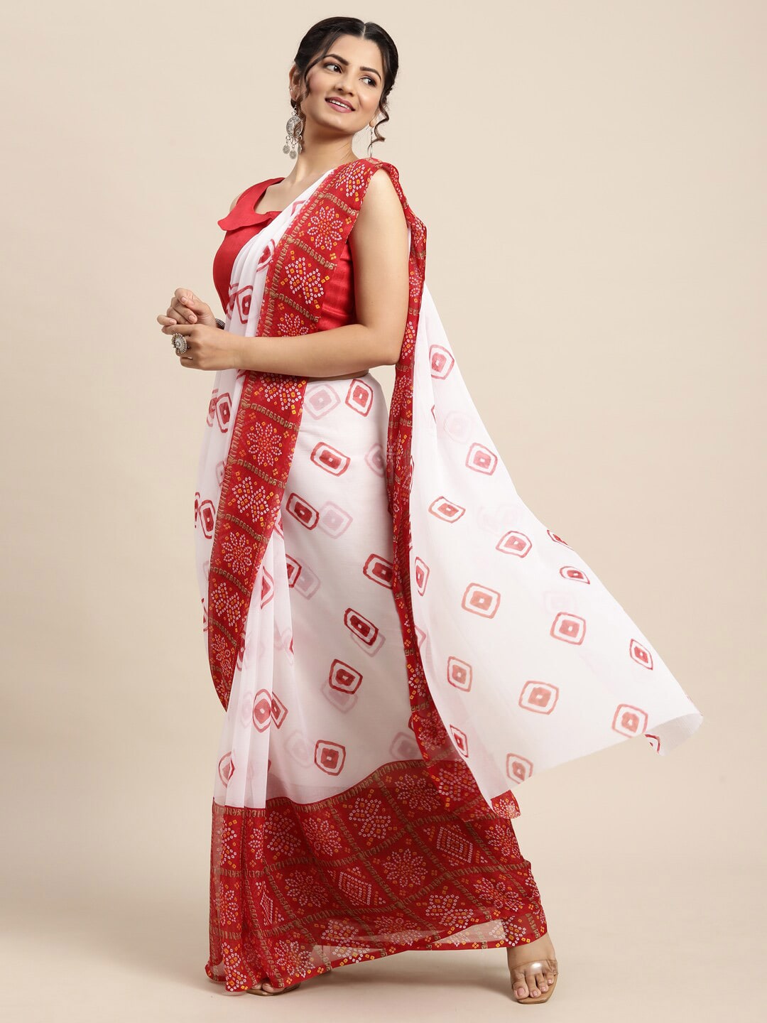 Saree Mall Women White & Red Bandhani Printed Poly Chiffon Sarees | Grocsy