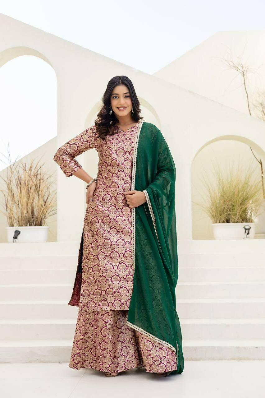 Joban Fashion Peach Jacquard Embroidered Sharara Set | Grocsy