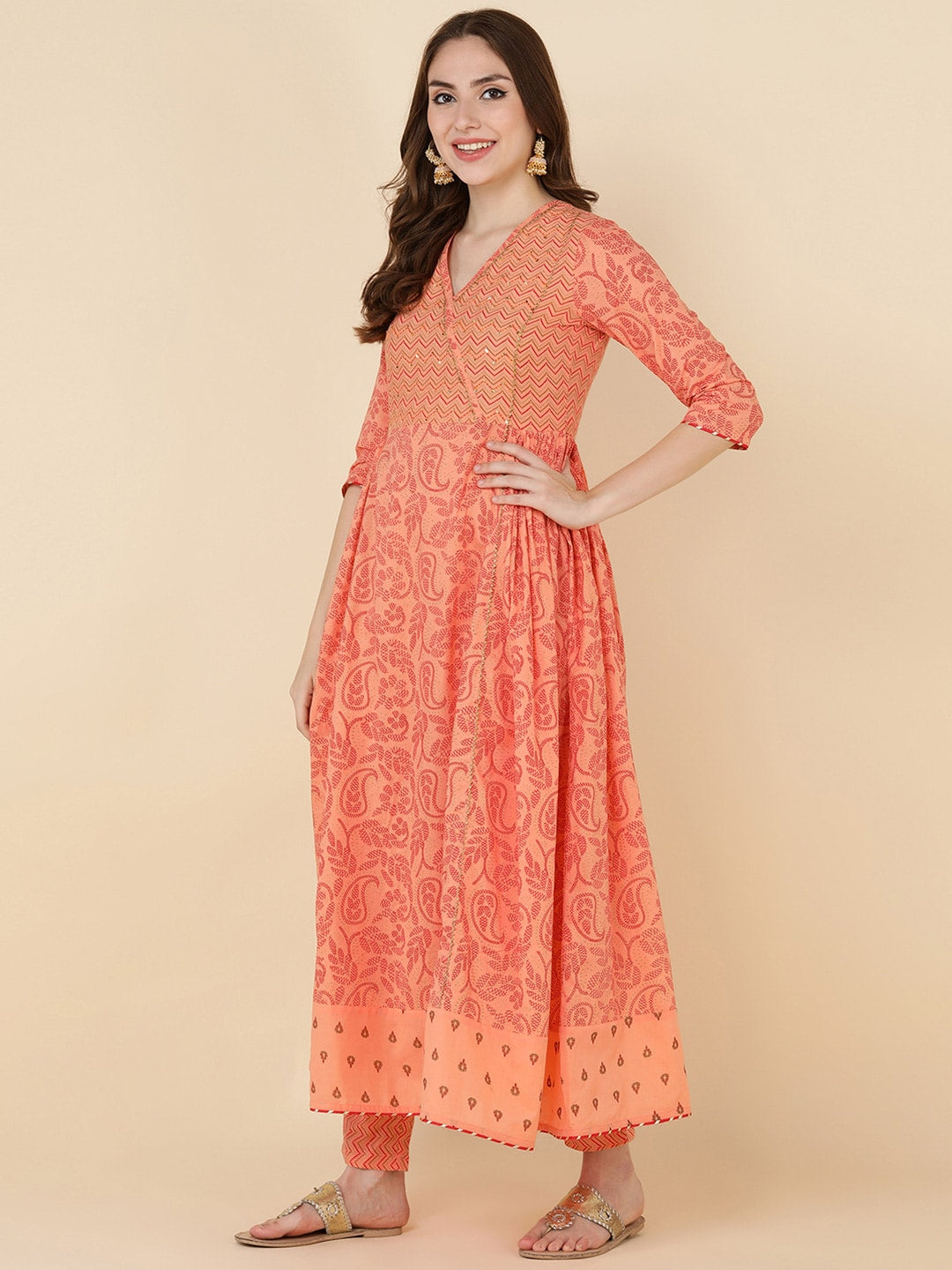 HERE&NOW Women Orange Embroidered Pure Cotton Kurta with Trousers & With Dupatta | Grocsy