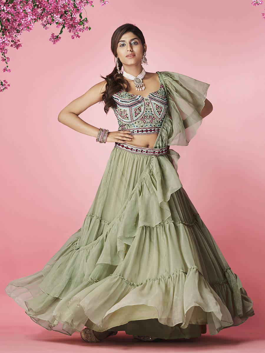 Myra Olive Green Art Silk Designer Lehenga | Grocsy
