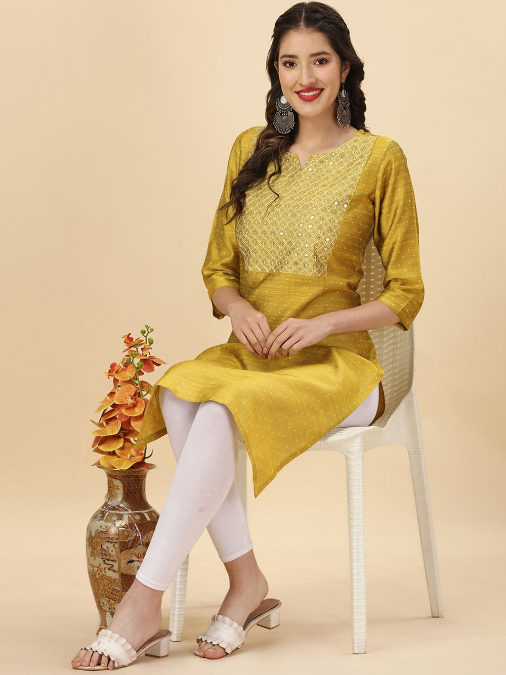 HERE&NOW Yellow Woven Design Mirror Work Straight Kurta | Grocsy