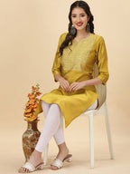 HERE&NOW Yellow Woven Design Mirror Work Straight Kurta | Grocsy