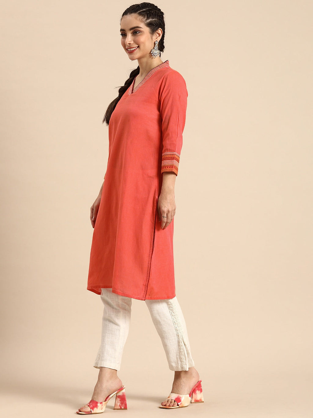 Sangria Women Coral Orange Solid Pure Cotton Kurta | Grocsy
