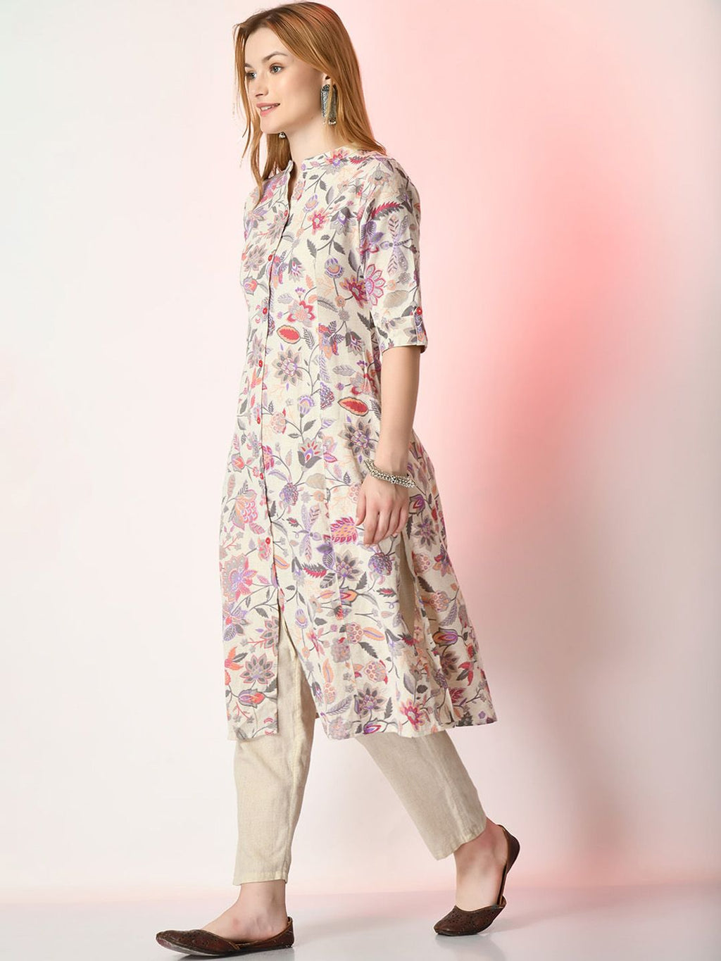Sangria Off White Floral Printed Mandarin Collar Cotton A-Line Kurta | Grocsy