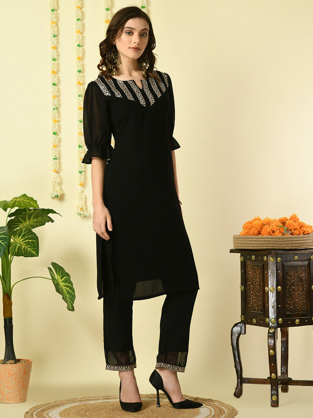 Myshka Women's Black Georgette Kurta With Trousers Party Sets | Grocsy