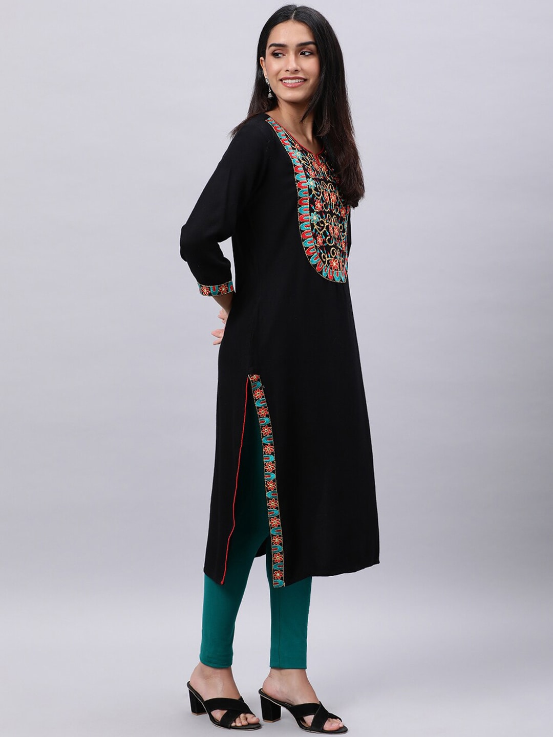 Souchii Black Geometric Yoke Design Thread Work Grandeur & Majestic Artwork Kurta | Grocsy