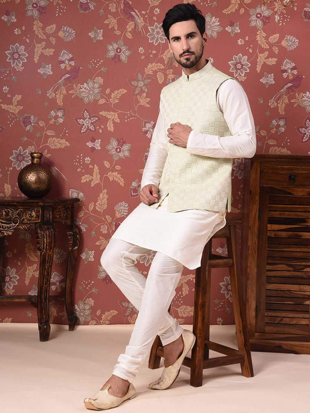 House of Pataudi Straight Kurta With Churidar & Embroidered Nehru Jacket | Grocsy