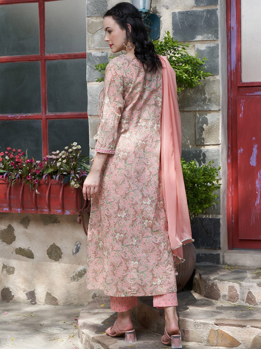 Sangria Peach Floral Printed Gotta Patti Pure Cotton A-Line Kurta with Trousers & Dupatta | Grocsy