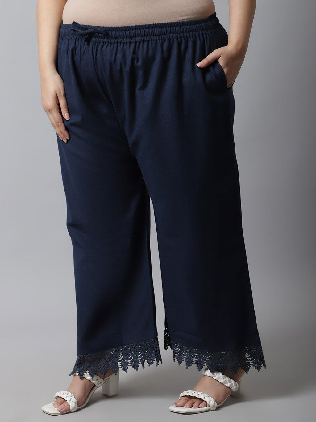 TAG 7 Women Navy Blue Linen Plus Size Lace Ethnic Palazzos | Grocsy