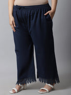 TAG 7 Women Navy Blue Linen Plus Size Lace Ethnic Palazzos | Grocsy