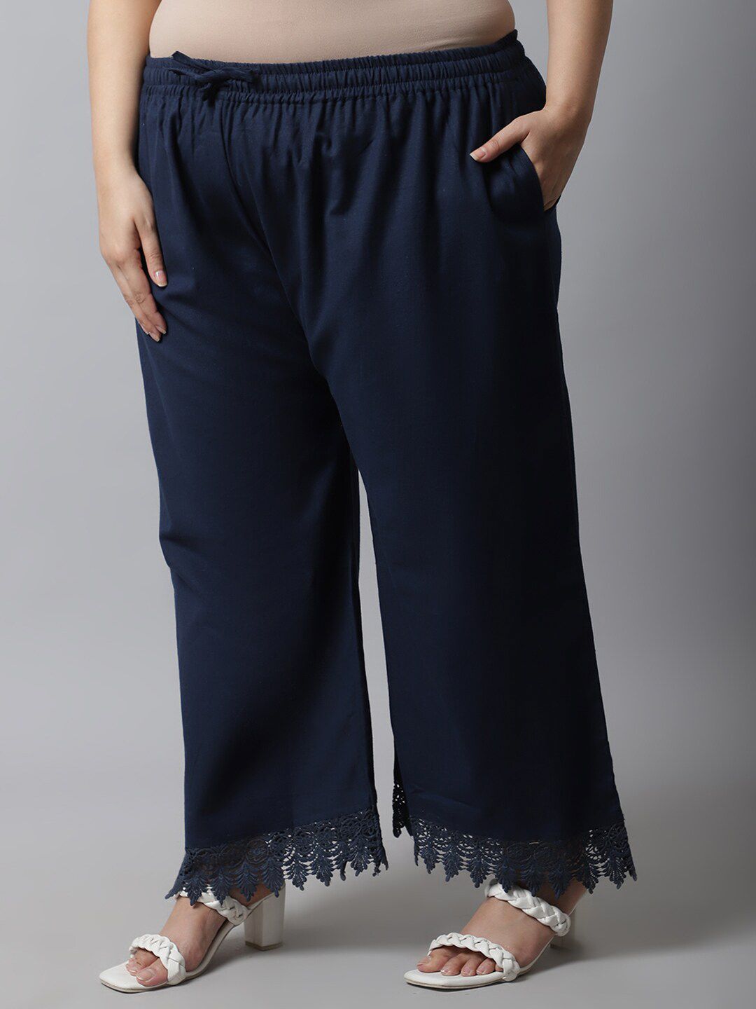 TAG 7 Women Navy Blue Linen Plus Size Lace Ethnic Palazzos | Grocsy