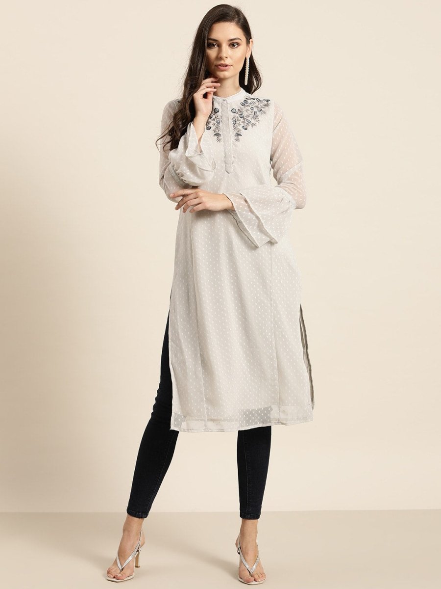 All About You Women Grey Bell Sleeves Yoke Design Thread Work Dobby Kurta | Grocsy