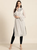 All About You Women Grey Bell Sleeves Yoke Design Thread Work Dobby Kurta | Grocsy
