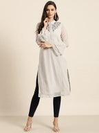 All About You Women Grey Bell Sleeves Yoke Design Thread Work Dobby Kurta | Grocsy